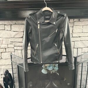 Barneys Originals Black Leather Jacket with Silver Accents